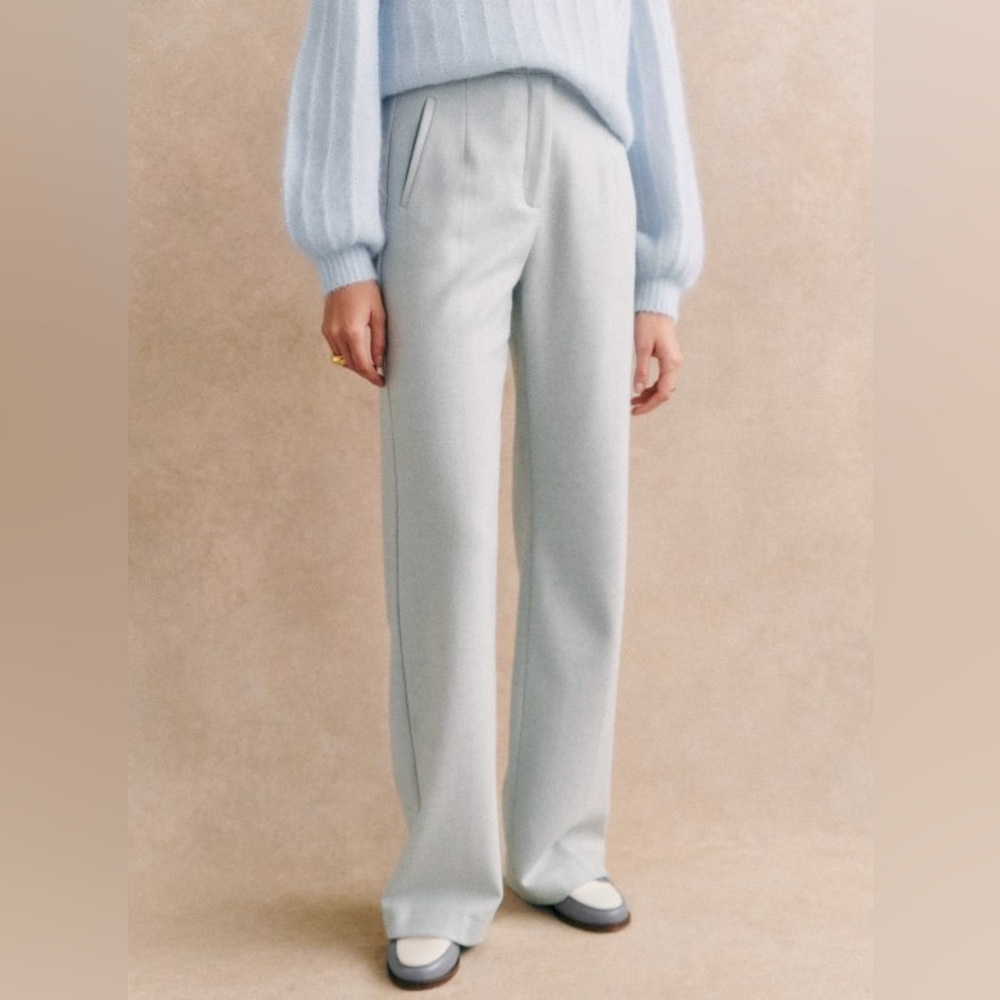 Sezane MARTIN TROUSERS Straight Leg Wool Blend Blue Size 46 Size 14 NWT